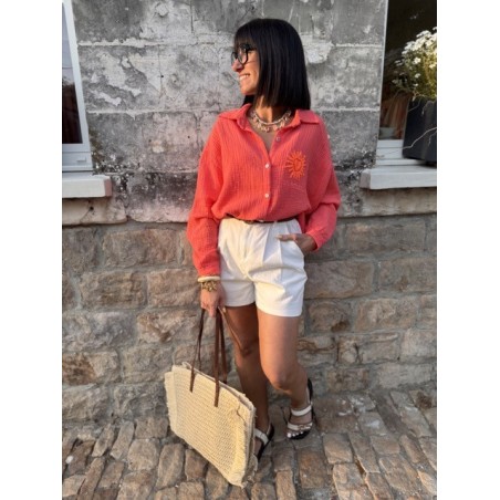 Chemise corail gaze de coton avec soleil brodé – Taille unique 36 à 42 | Melle Jeanne