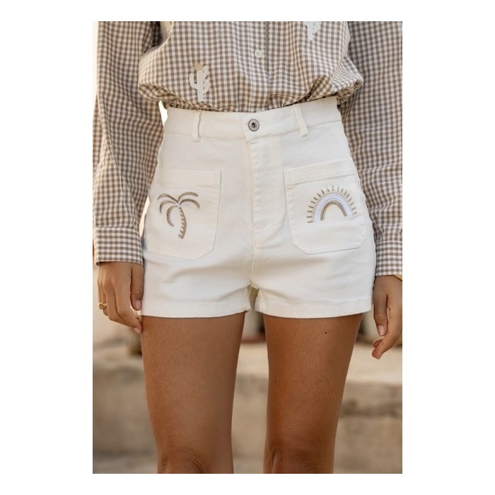 Short blanc en jean brodé doré – Palmiers & arc-en-ciel – S à L | Melle Jeanne