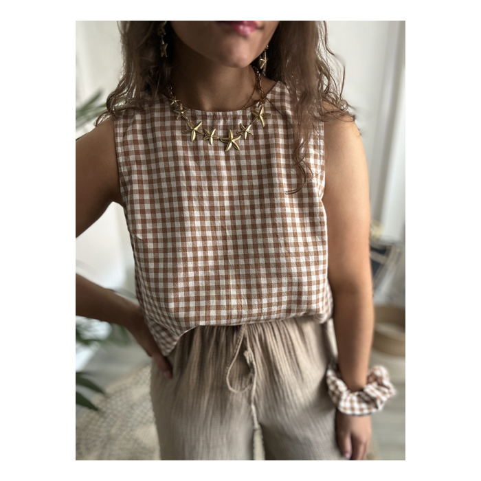 Top vichy marron dos nu – Avec accessoire assorti | S M L | Melle Jeanne