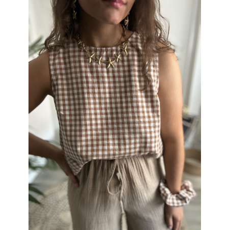 Top vichy marron dos nu – Avec accessoire assorti | S M L | Melle Jeanne