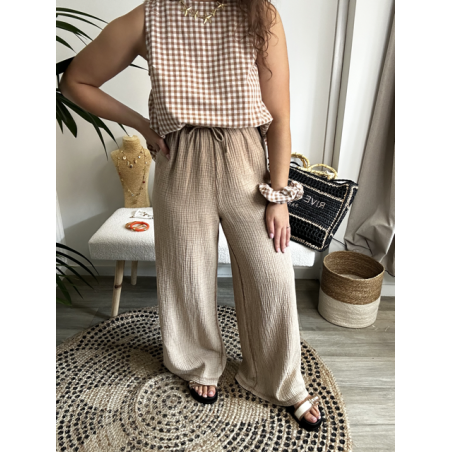 Pantalon fluide gaze de coton beige – Taille unique 36 à 40/42 | Melle Jeanne