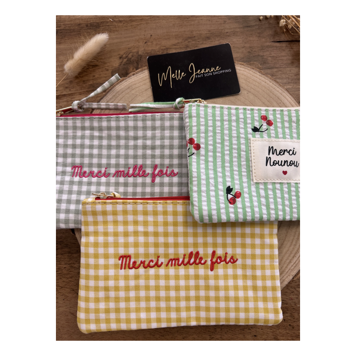 Pochette brodée Merci – Carreaux vichy rétro
