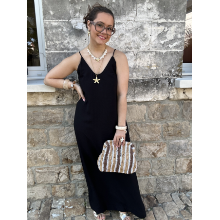 Robe longue noire fluide – Dos croisé bijou