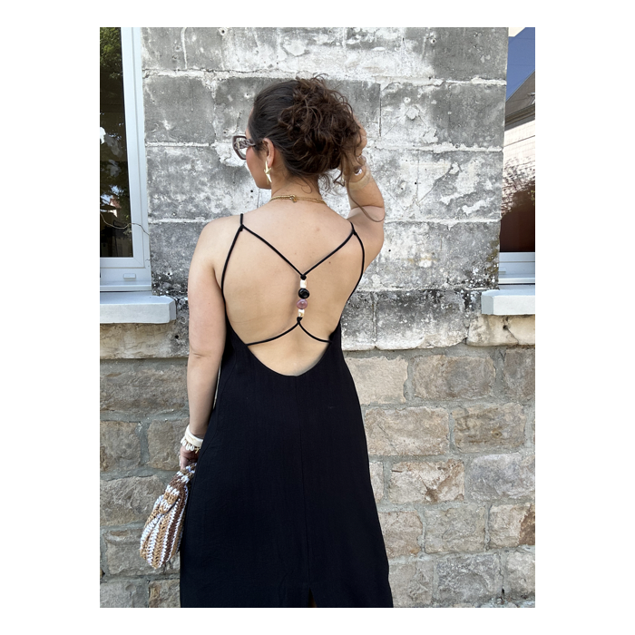 Robe longue noire fluide – Dos croisé bijou