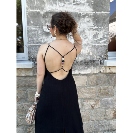 Robe longue noire fluide – Dos croisé bijou