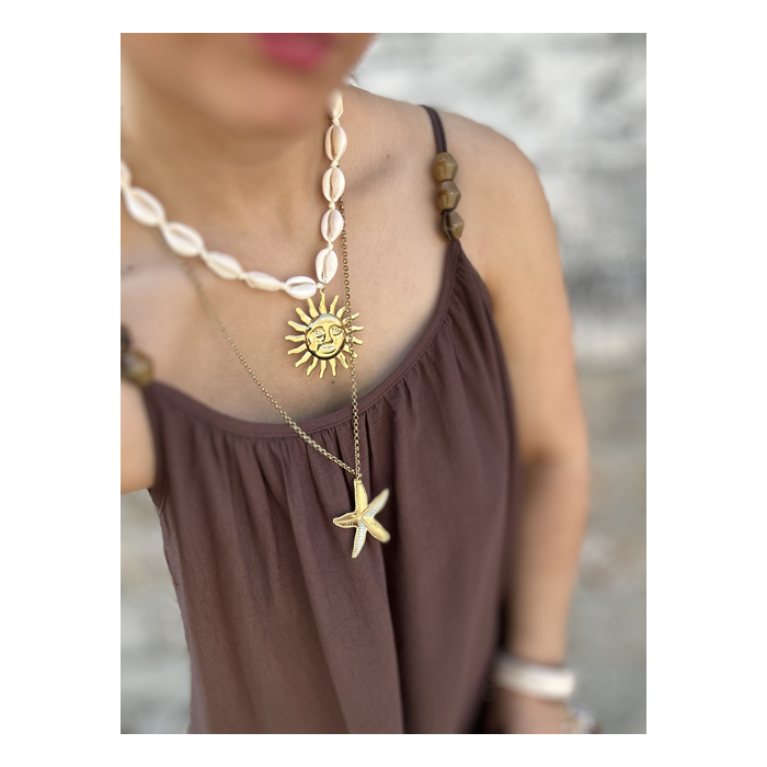 Collier coquillages & médaillon soleil – Acier inoxydable doré