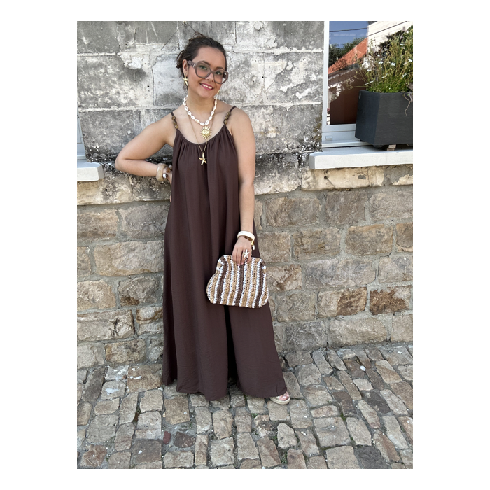 Robe fluide avec bijoux amovibles – Beige ou marron – Tailles SM / ML