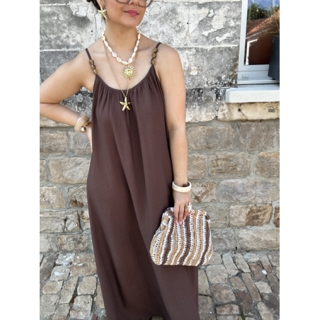 Robe fluide avec bijoux amovibles – Beige ou marron – Tailles SM / ML