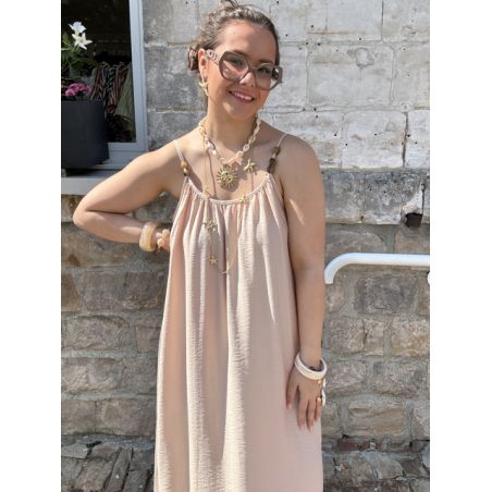 Robe fluide avec bijoux amovibles – Beige ou marron – Tailles SM / ML