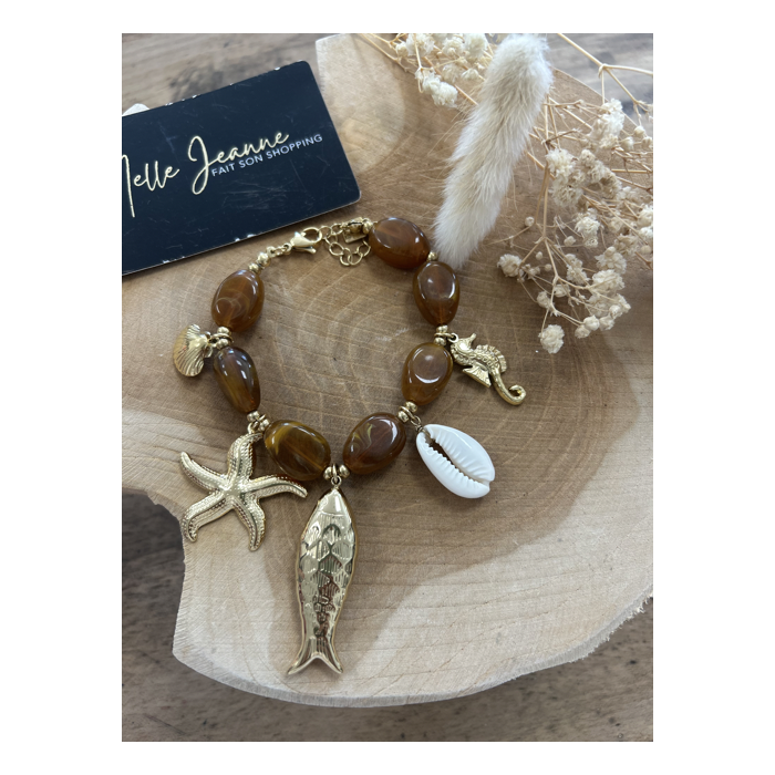 Bracelet marron effet pierre – Pampilles poissons dorées – Taille unique