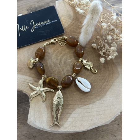 Bracelet marron effet pierre – Pampilles poissons dorées – Taille unique