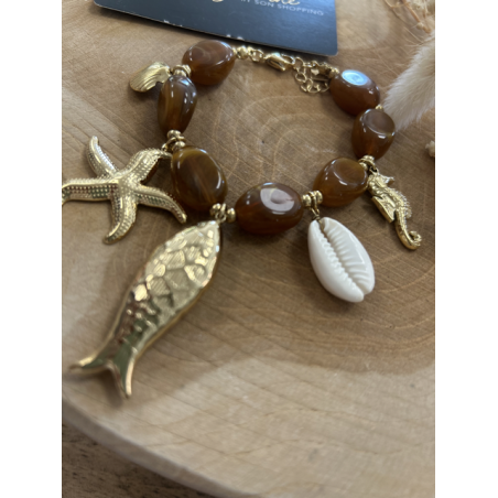 Bracelet marron effet pierre – Pampilles poissons dorées – Taille unique
