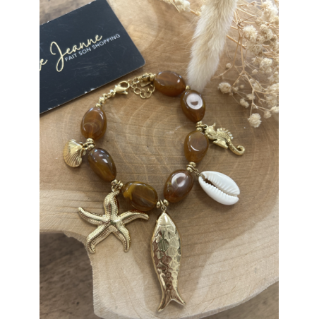 Bracelet marron effet pierre – Pampilles poissons dorées – Taille unique