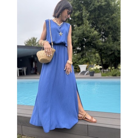 Ensemble top + jupe longue fendue – Marron, bleu marine ou azur – Taille 36 à 42