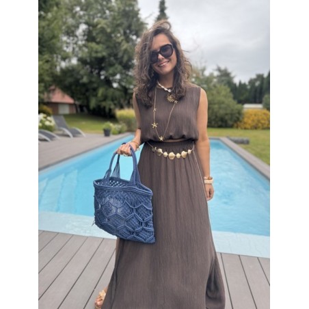 Ensemble top + jupe longue fendue – Marron, bleu marine ou azur – Taille 36 à 42
