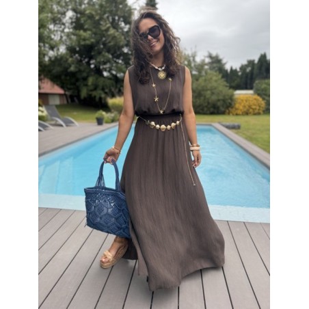 Ensemble top + jupe longue fendue – Marron, bleu marine ou azur – Taille 36 à 42