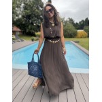 Ensemble top + jupe longue fendue – Marron, bleu marine ou azur – Taille 36 à 42