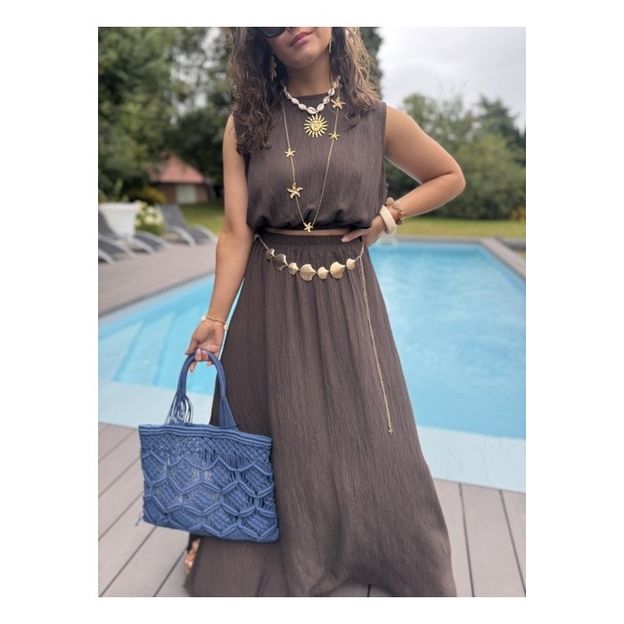 Ensemble top + jupe longue fendue – Marron, bleu marine ou azur – Taille 36 à 42