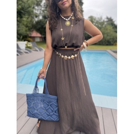 Ensemble top + jupe longue fendue – Marron, bleu marine ou azur – Taille 36 à 42