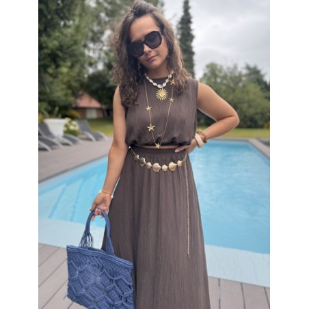 Ensemble top + jupe longue fendue – Marron, bleu marine ou azur – Taille 36 à 42