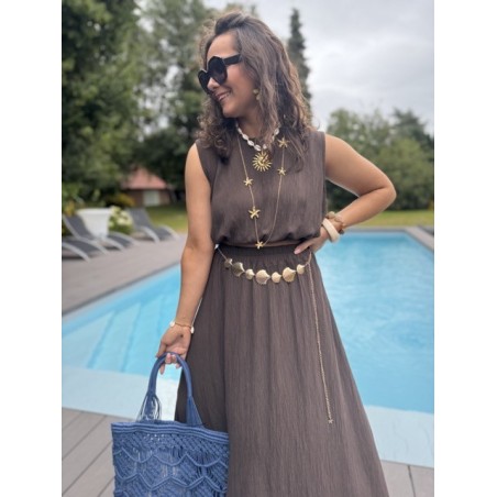 Ensemble top + jupe longue fendue – Marron, bleu marine ou azur – Taille 36 à 42