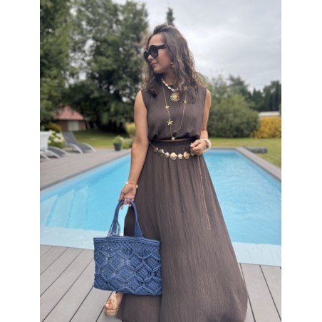 Ensemble top + jupe longue fendue – Marron, bleu marine ou azur – Taille 36 à 42