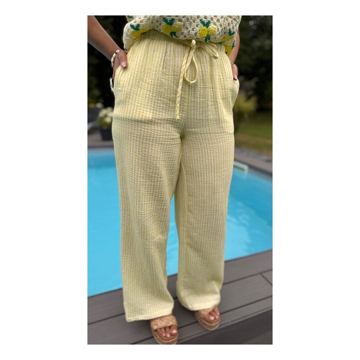 Pantalon rayé jaune & blanc – Gaze de coton – Tailles S M L