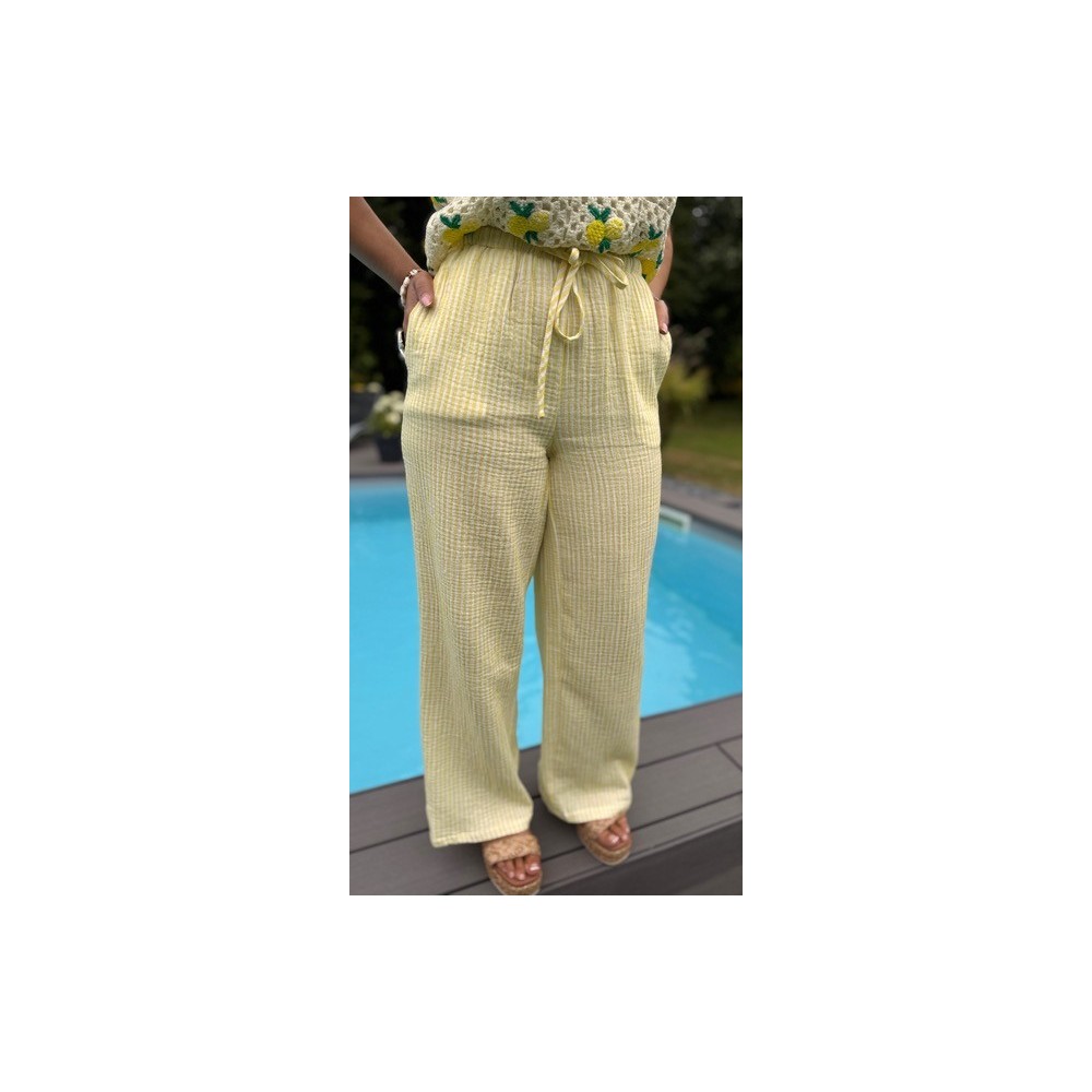 Pantalon rayé jaune & blanc – Gaze de coton – Tailles S M L Pantalon rayé jaune & blanc – Gaze de coton – Tailles S M L