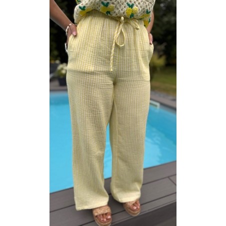Pantalon rayé jaune & blanc – Gaze de coton – Tailles S M L