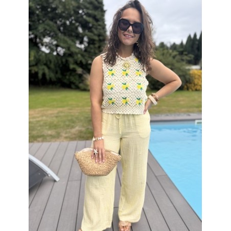Pantalon rayé jaune & blanc – Gaze de coton – Tailles S M L
