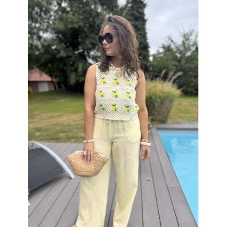 Pantalon rayé jaune & blanc – Gaze de coton – Tailles S M L