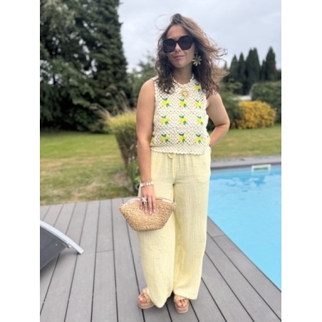 Pantalon rayé jaune & blanc – Gaze de coton – Tailles S M L