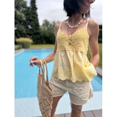 Top bimatière crochet & voile – Fines bretelles – Jaune, blanc ou noir