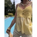 Top bimatière crochet & voile – Fines bretelles – Jaune, blanc ou noir