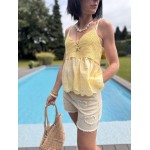 Top bimatière crochet & voile – Fines bretelles – Jaune, blanc ou noir