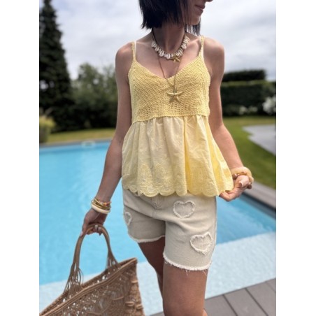 Top bimatière crochet & voile – Fines bretelles – Jaune, blanc ou noir