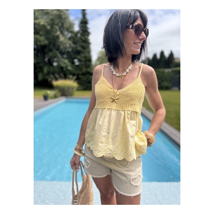 Top bimatière crochet & voile – Fines bretelles – Jaune, blanc ou noir