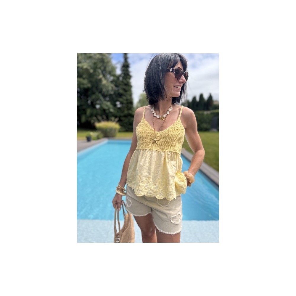 Top bimatière crochet & voile – Fines bretelles – Jaune, blanc ou noir Top bimatière crochet & voile – Fines bretelles – Jaune, blanc ou noir