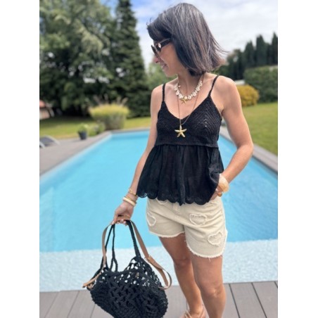 Top bimatière crochet & voile – Fines bretelles – Jaune, blanc ou noir