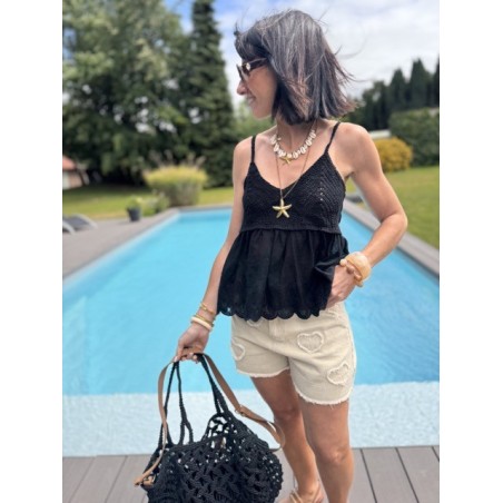 Top bimatière crochet & voile – Fines bretelles – Jaune, blanc ou noir
