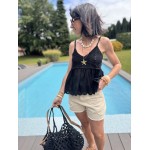 Top bimatière crochet & voile – Fines bretelles – Jaune, blanc ou noir