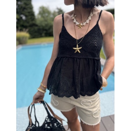 Top bimatière crochet & voile – Fines bretelles – Jaune, blanc ou noir