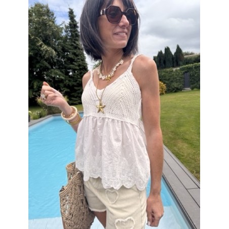 Top bimatière crochet & voile – Fines bretelles – Jaune, blanc ou noir
