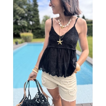 Top bimatière crochet & voile – Fines bretelles – Jaune, blanc ou noir