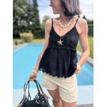 Top bimatière crochet & voile – Fines bretelles – Jaune, blanc ou noir