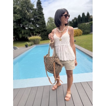 Top bimatière crochet & voile – Fines bretelles – Jaune, blanc ou noir