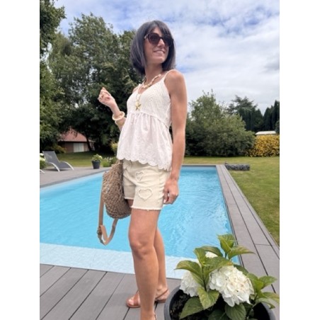 Top bimatière crochet & voile – Fines bretelles – Jaune, blanc ou noir