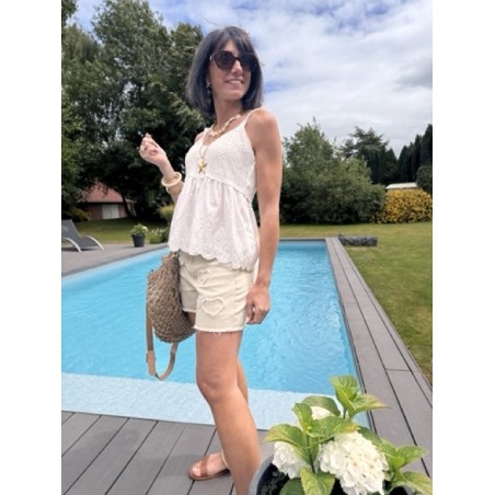 Top bimatière crochet & voile – Fines bretelles – Jaune, blanc ou noir