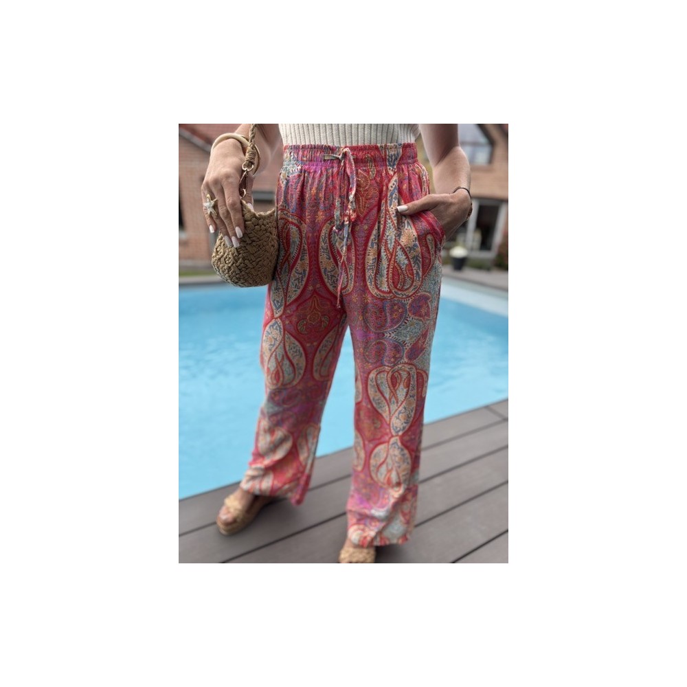 Pantalon fluide à motifs rosés – Taille élastique – S M L Pantalon fluide à motifs rosés – Taille élastique – S M L