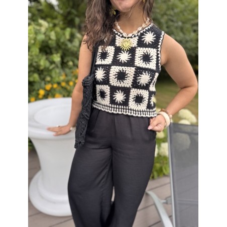 Top court crochet noir & blanc – Motif soleil | Escapade Azur | Melle Jeanne
